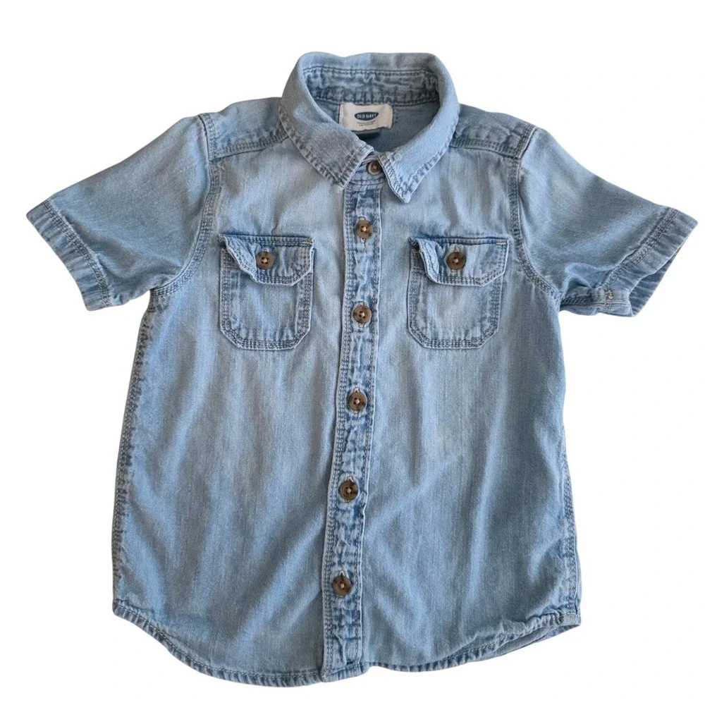 Old Navy Denim‎ Shirt Boy 3T Light Blue Chambray Short Sleeve Western Button Up